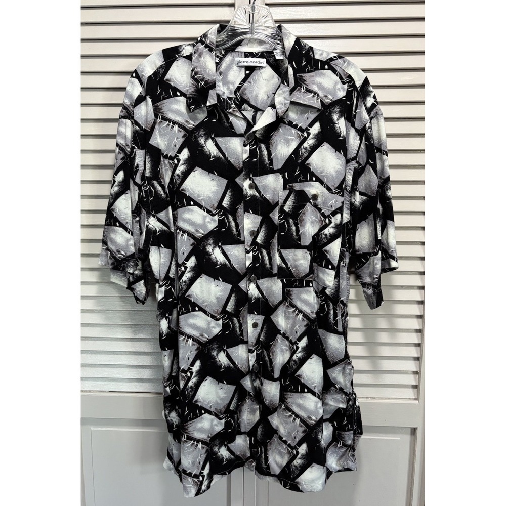 Pierre Cardin Black/Gray Block Short Sleeve Button Up Dress‎ Shirt Size Large